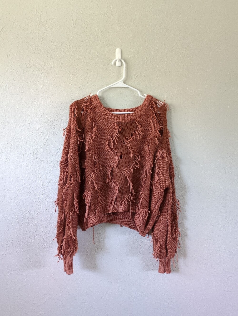 Illa Illa Frayed Knit Crewneck Fringe Shaggy Pullover Sweater Rust